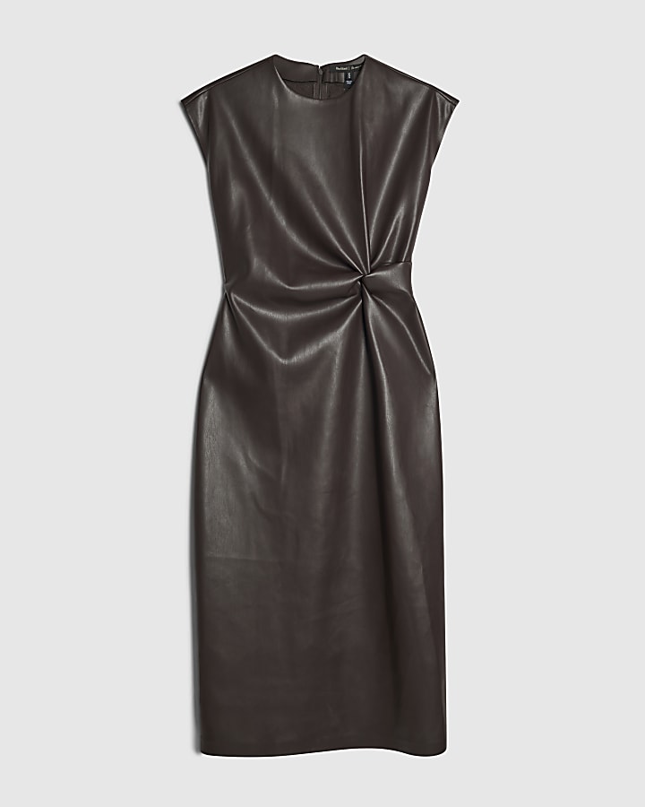 Purple Faux Leather Ruched Midi Dress