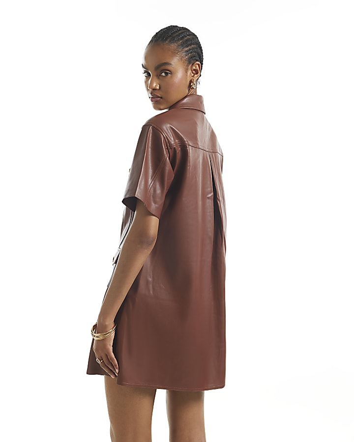 Brown Faux Leather Utility T-Shirt Dress