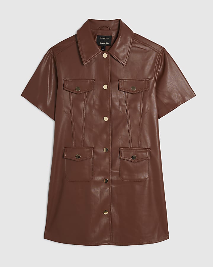 Brown Faux Leather Utility T-Shirt Dress