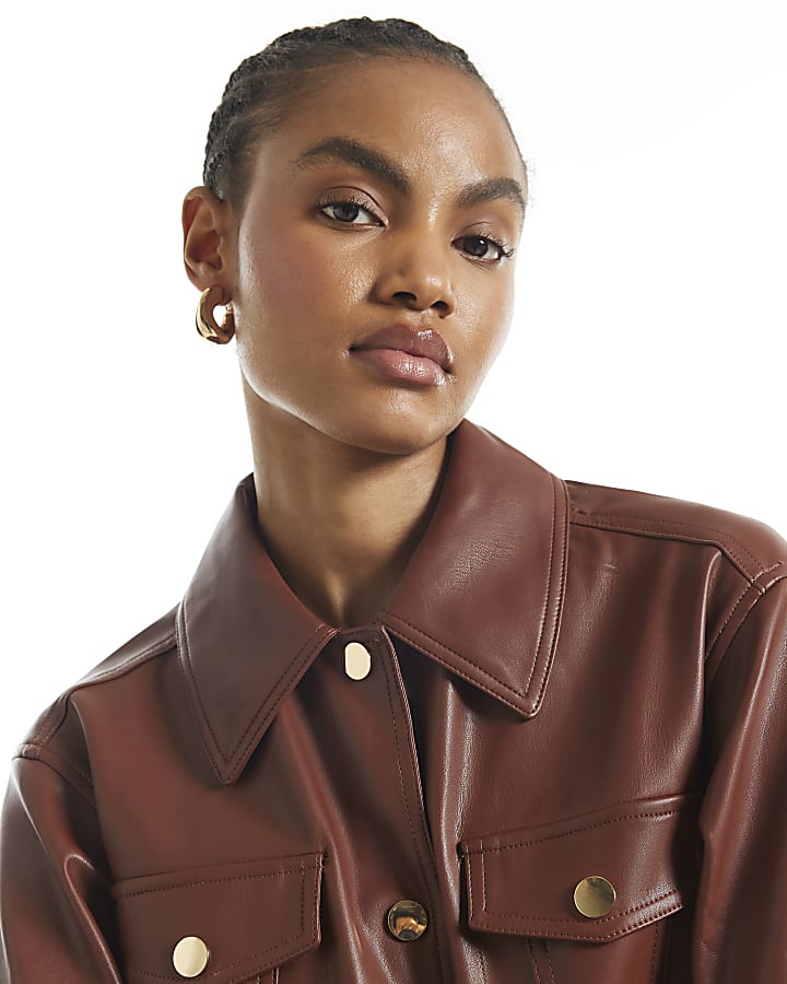 Brown Faux Leather Utility T-Shirt Dress
