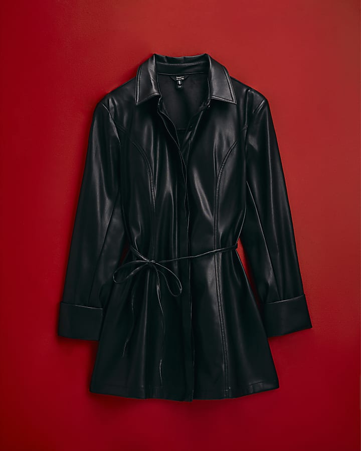 Black Faux Leather Fitted Belted Mini Dress