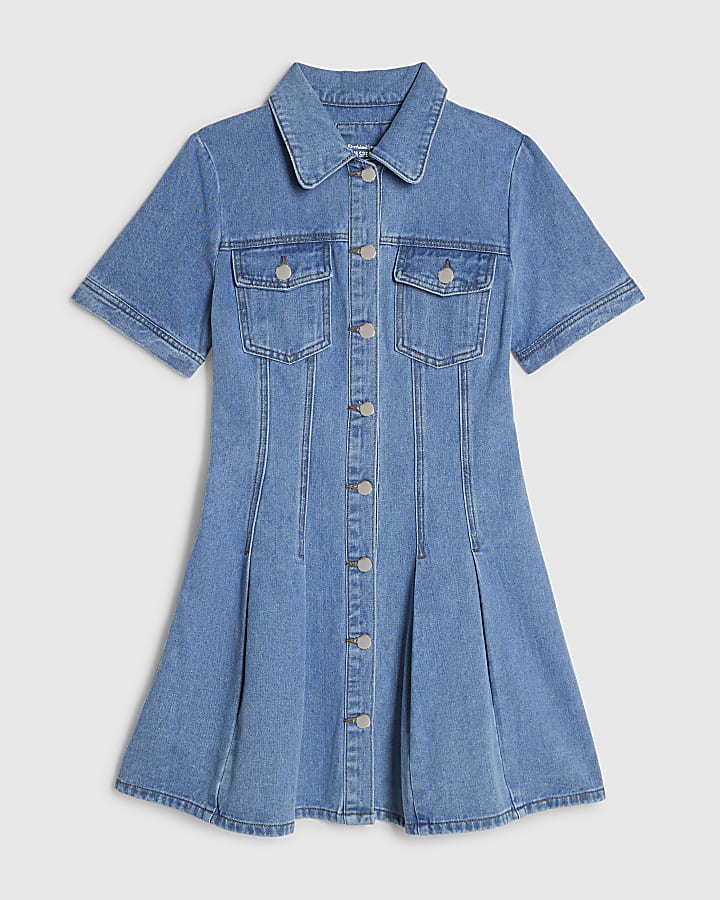Blue Pleat Front Denim Dress