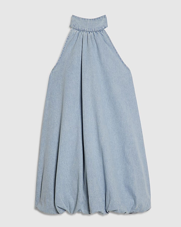 Blue Denim Bubble Hem Mini Dress