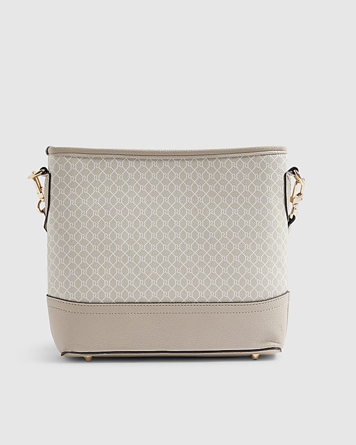 Beige Monogram Print Bucket Bag