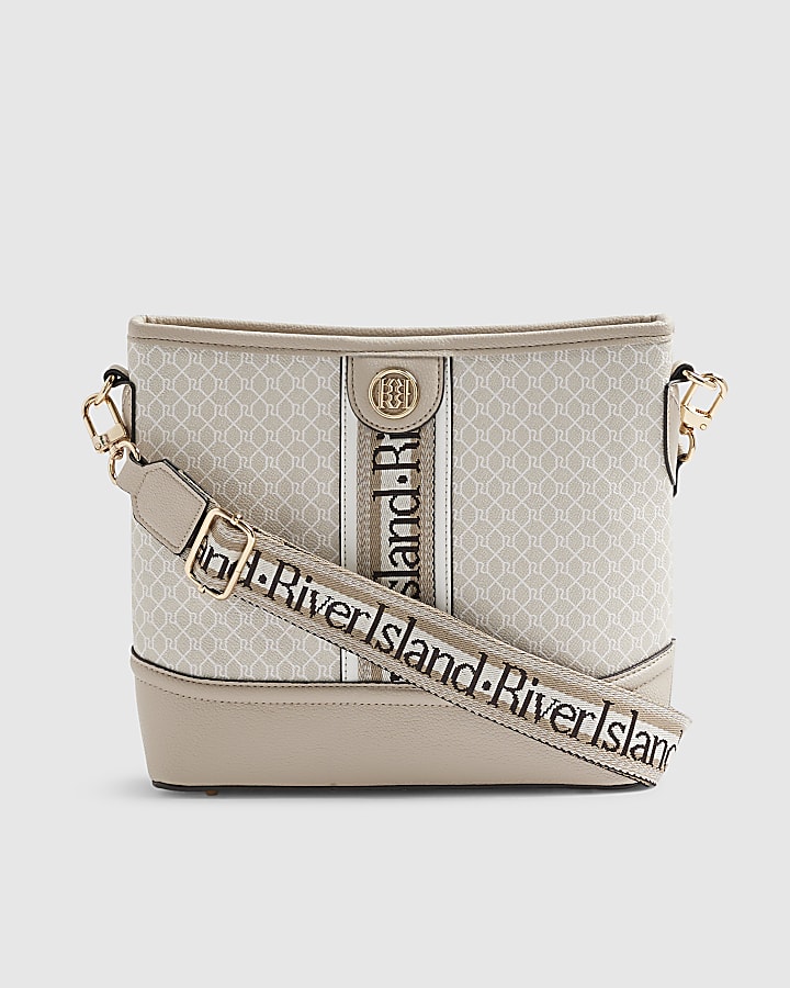 Beige Monogram Print Bucket Bag