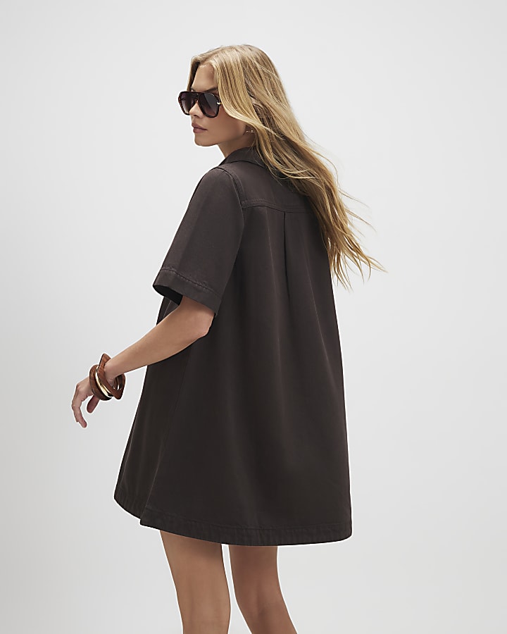 Brown Denim Zip Front Dress