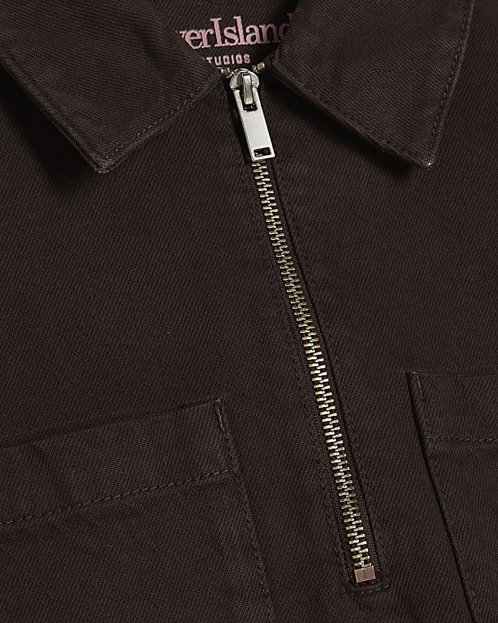 Brown Denim Zip Front Dress