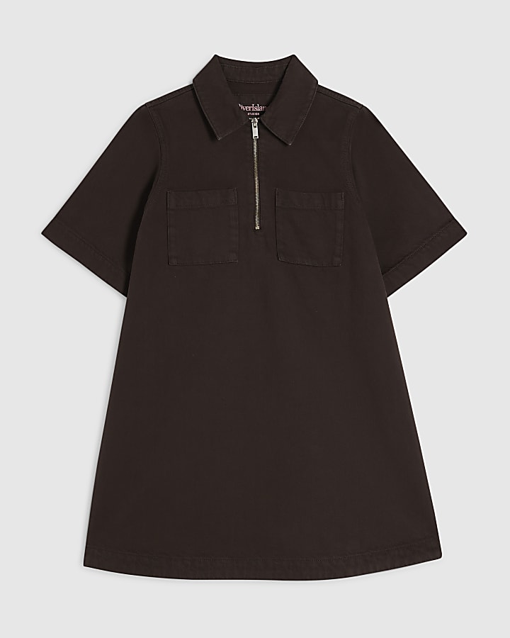 Brown Denim Zip Front Dress