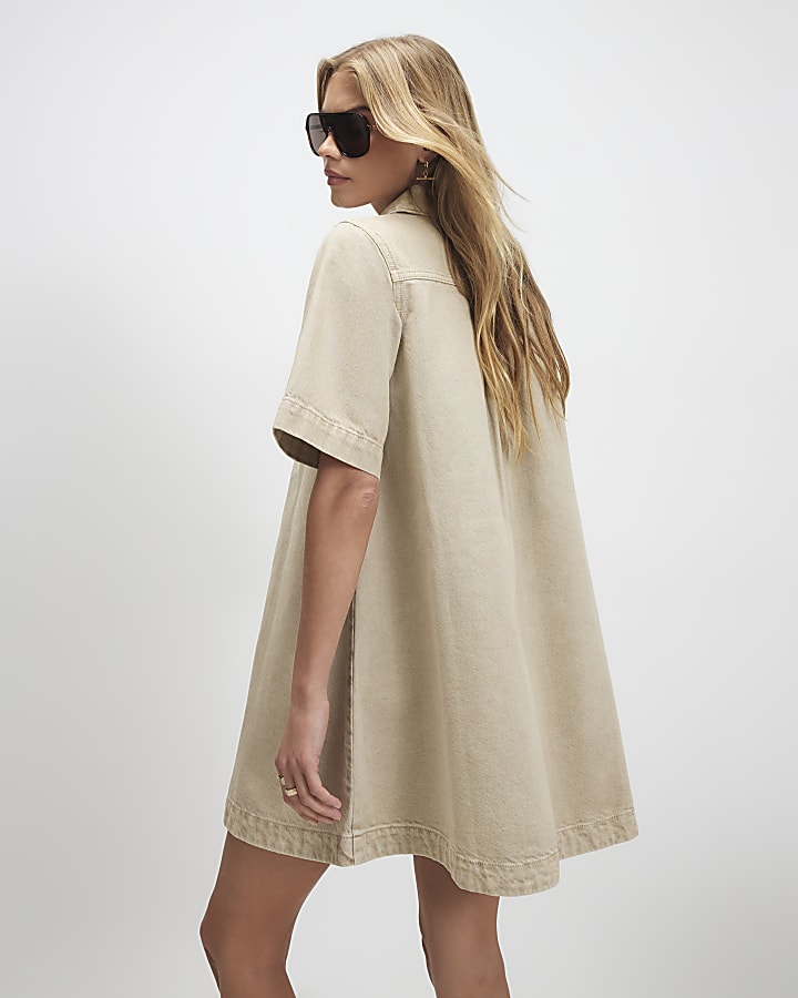 Beige Denim Zip Front Dress