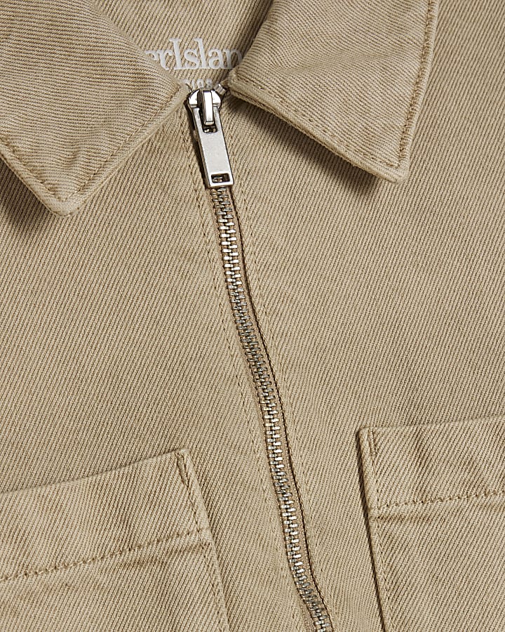 Beige Denim Zip Front Dress