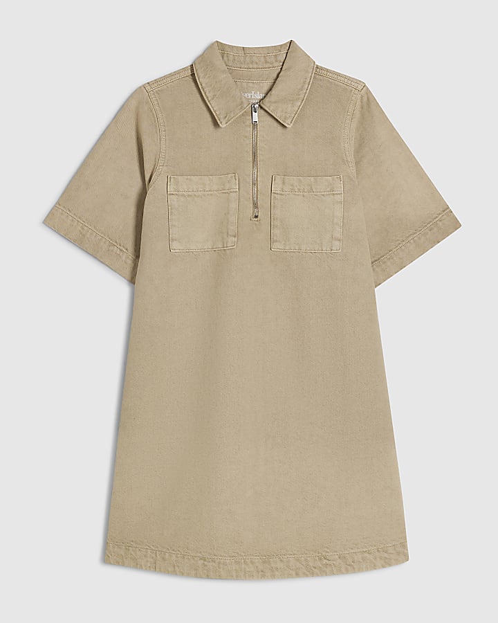 Beige Denim Zip Front Dress