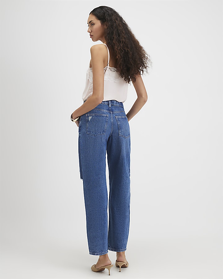 Blue Ripped Barrel Leg Jeans