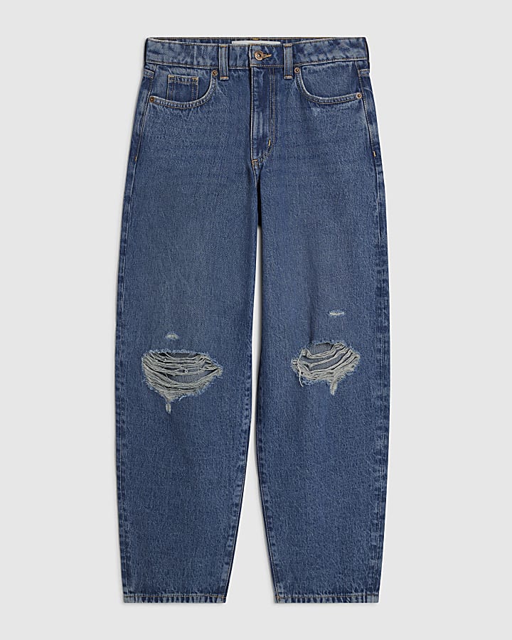 Blue Ripped Barrel Leg Jeans