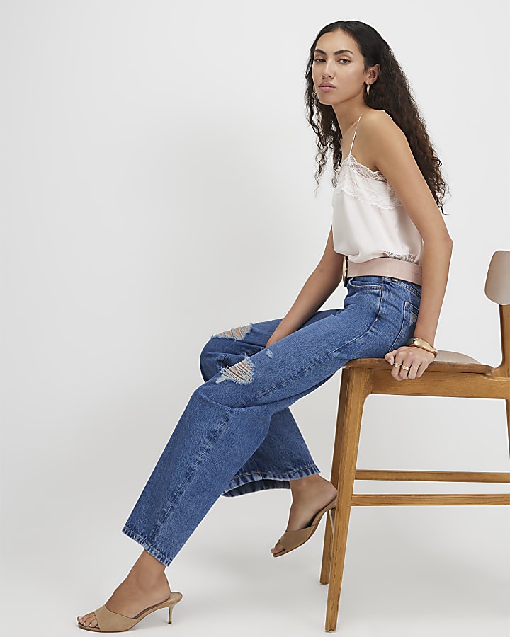 Blue Ripped Barrel Leg Jeans