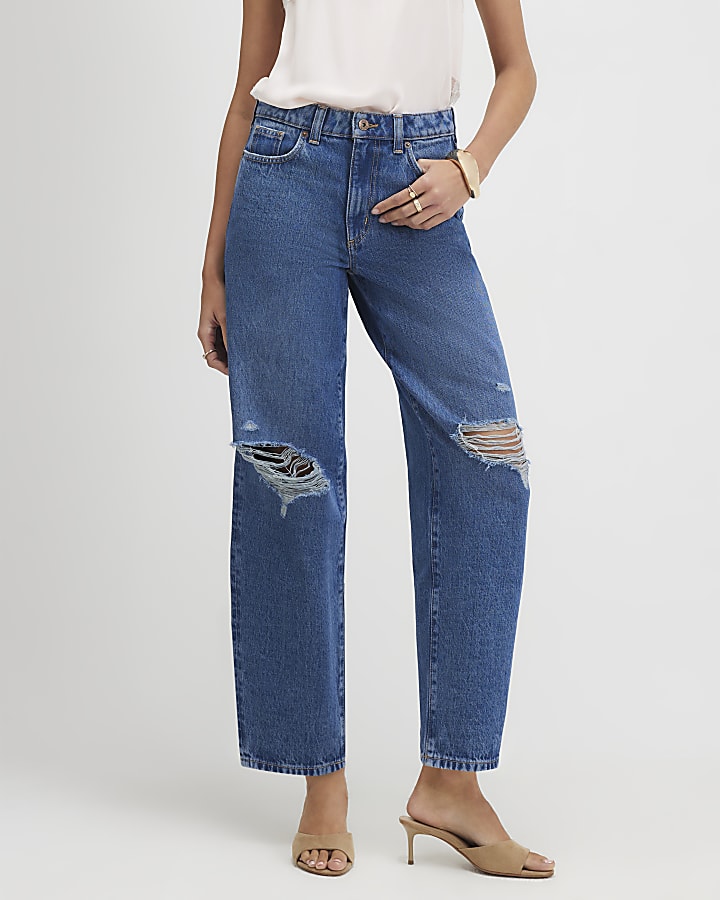 Blue Ripped Barrel Leg Jeans