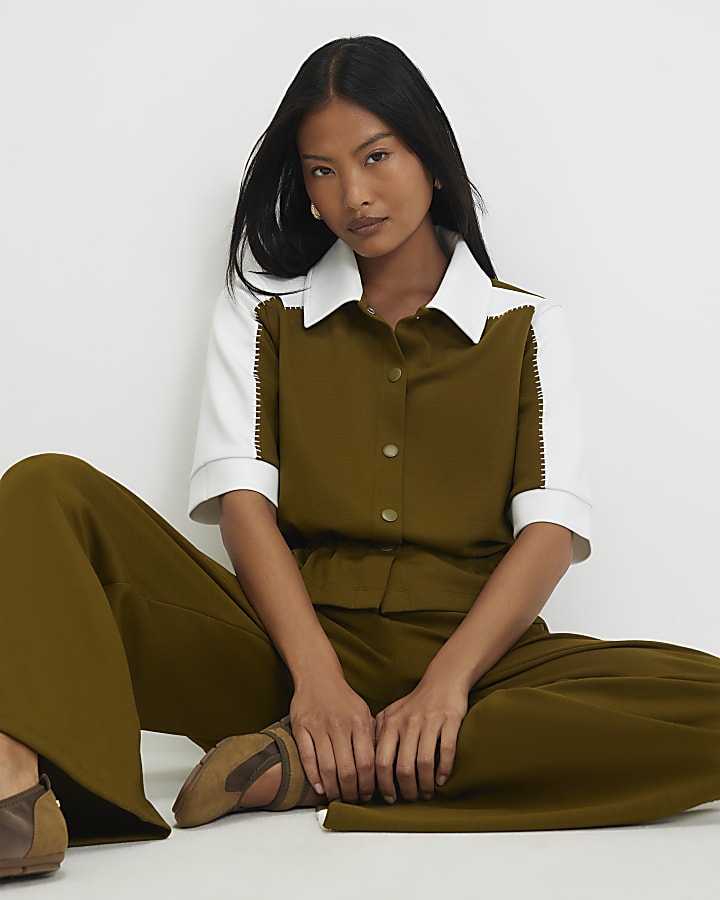 Petite Khaki Premium Blocked Polo Shirt