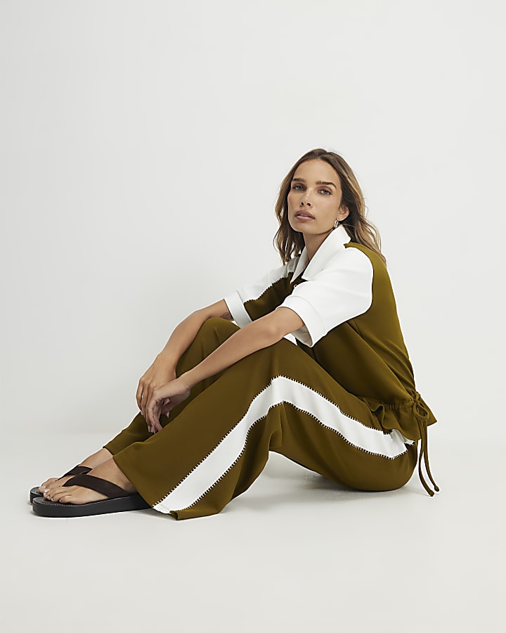 Khaki Premium Blocked Wide Leg Trousers