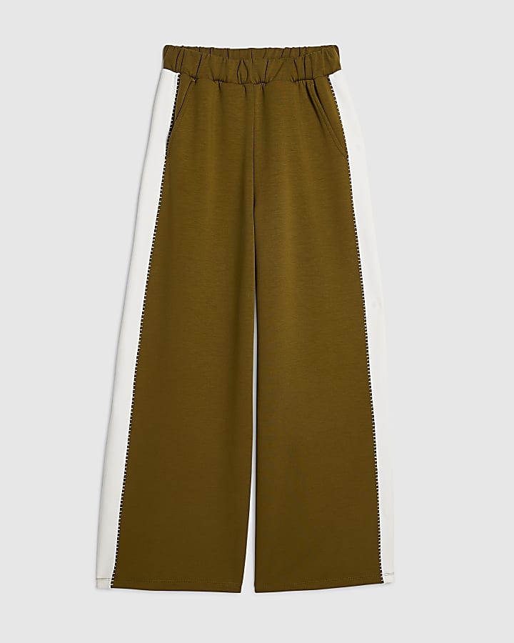 Petite Khaki Premium Blocked Wide Trousers