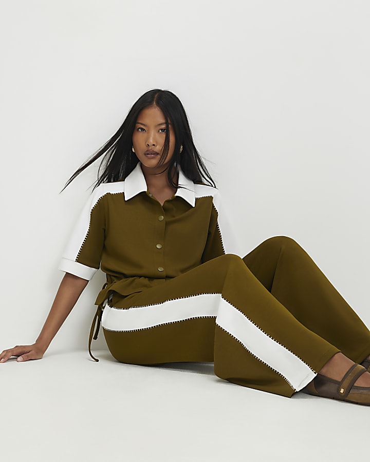 Petite Khaki Premium Blocked Wide Trousers