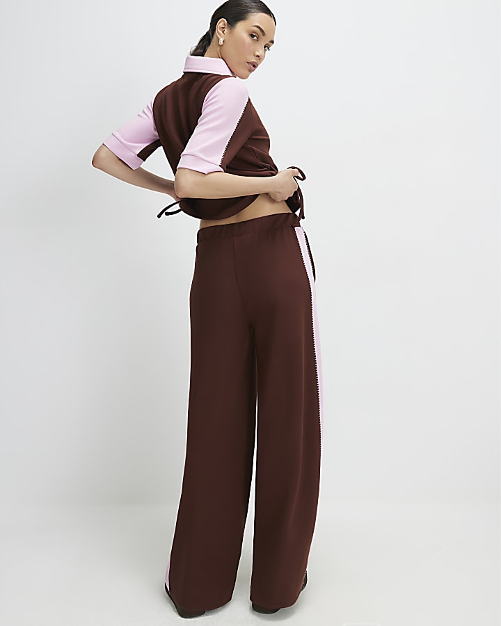 Brown Premium Blocked Wide Leg Trousers