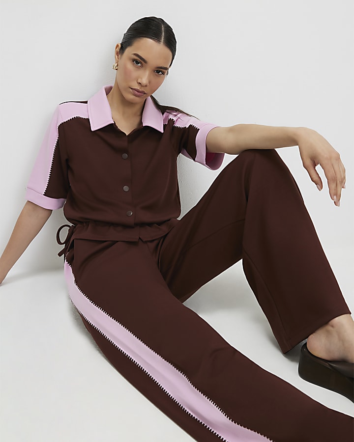 Brown Premium Blocked Wide Leg Trousers