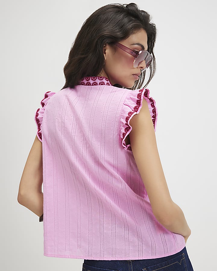 Pink Cotton Ruffle Embroidered Blouse