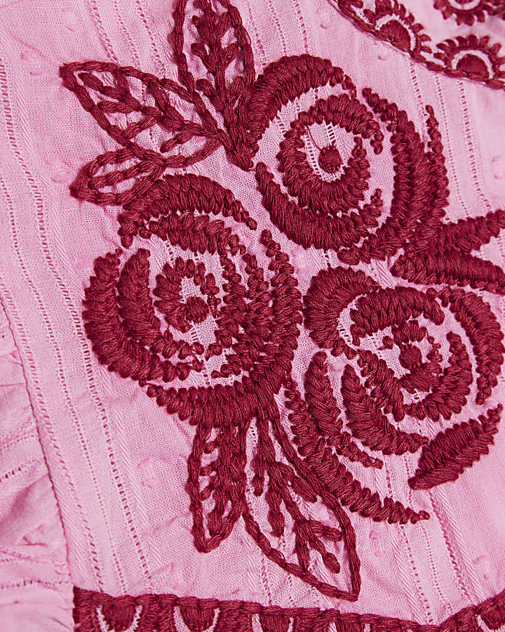 Pink Cotton Ruffle Embroidered Blouse