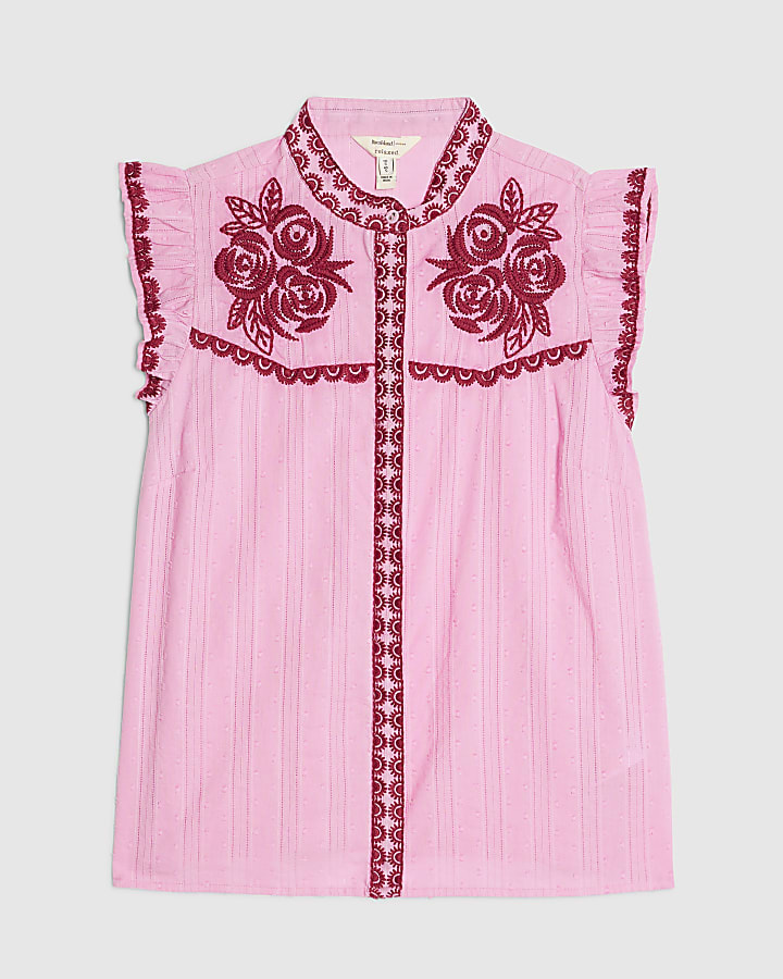 Pink Cotton Ruffle Embroidered Blouse