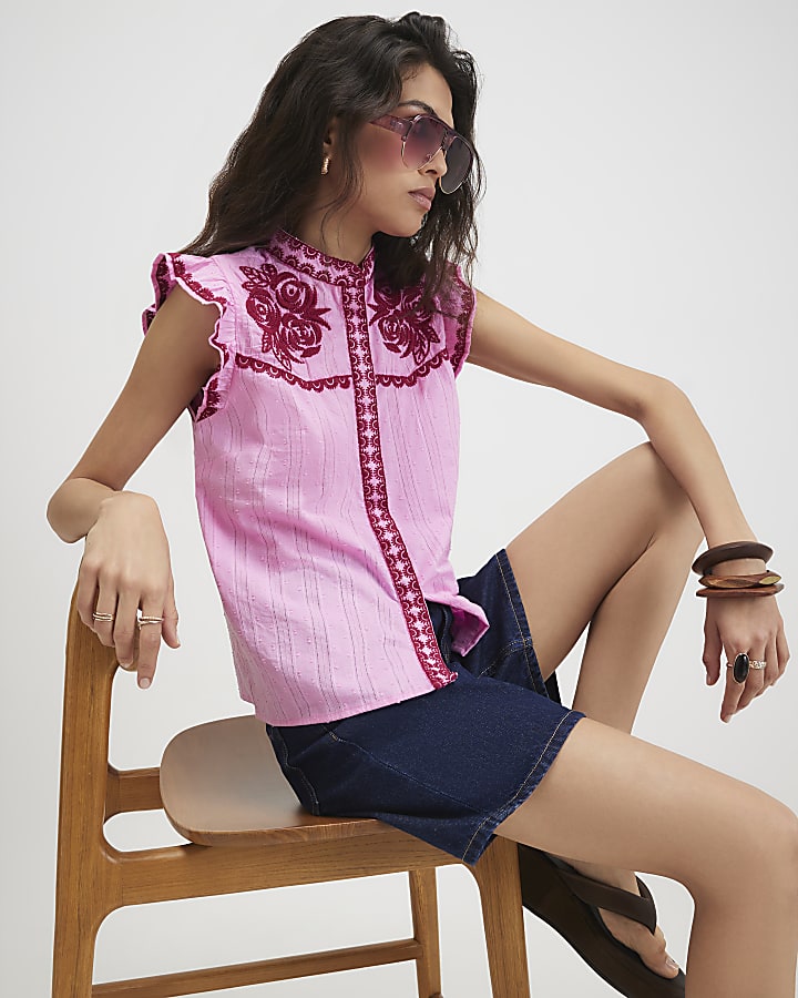 Pink Cotton Ruffle Embroidered Blouse