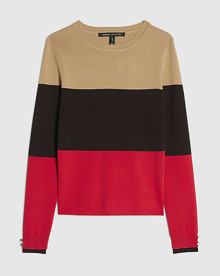 Beige Cotton Ribbed Knit Layered Stripe Top