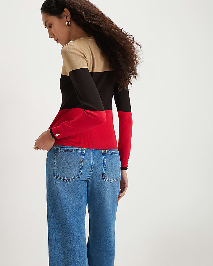Beige Cotton Ribbed Knit Layered Stripe Top
