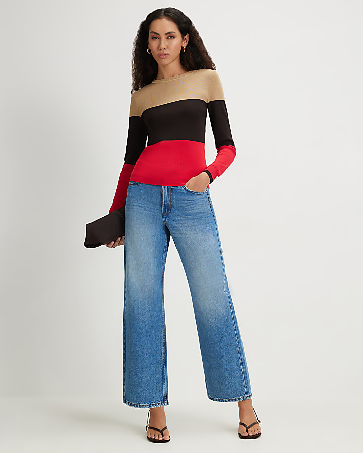 Beige Cotton Ribbed Knit Layered Stripe Top