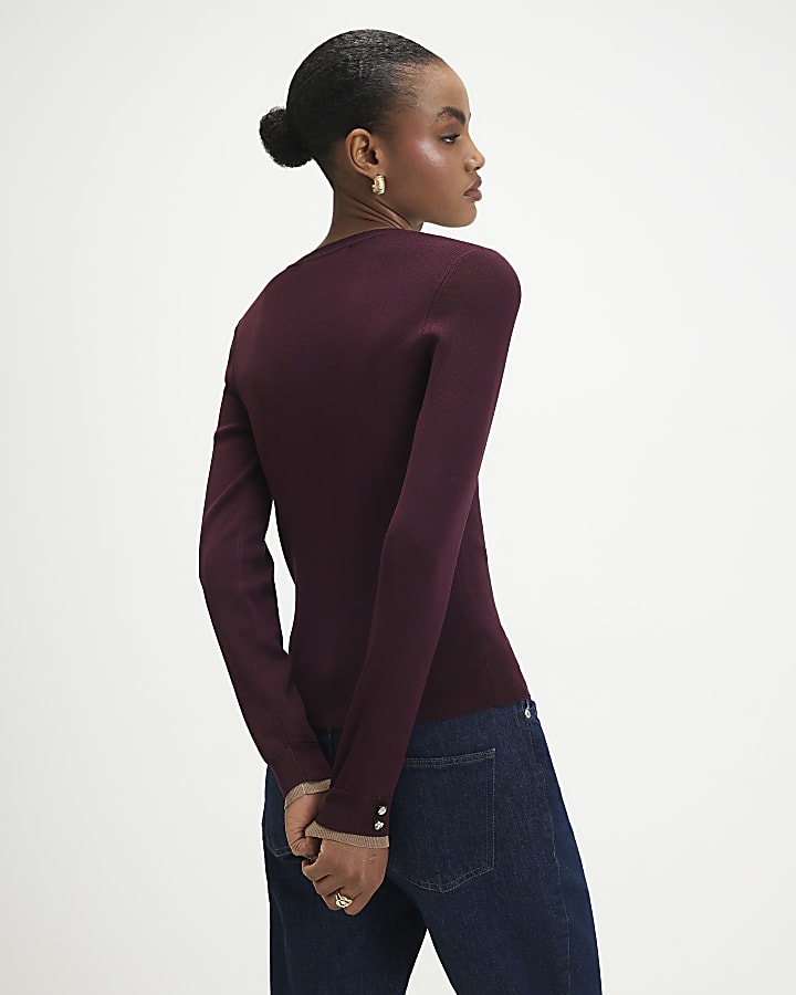 Red Rib Knit Layered Trim Top