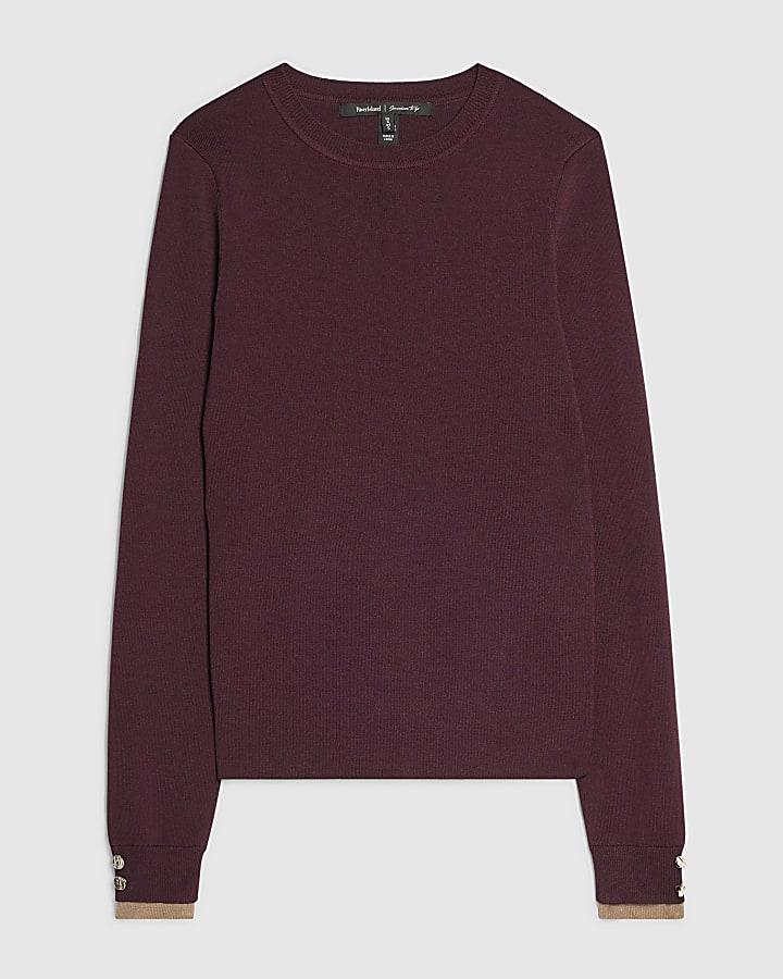 Red Rib Knit Layered Trim Top