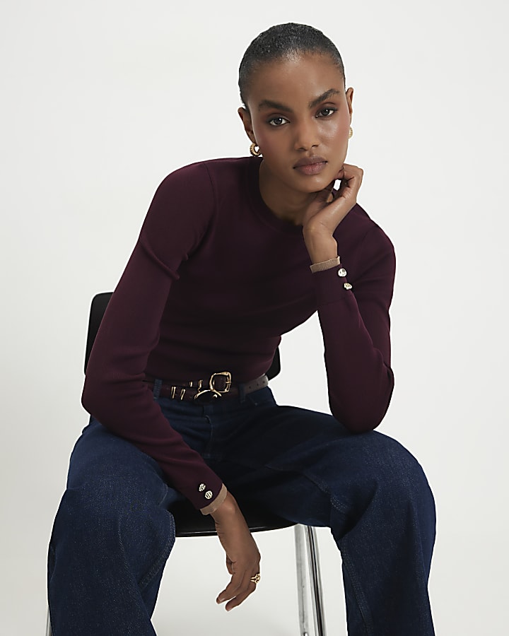 Red Rib Knit Layered Trim Top
