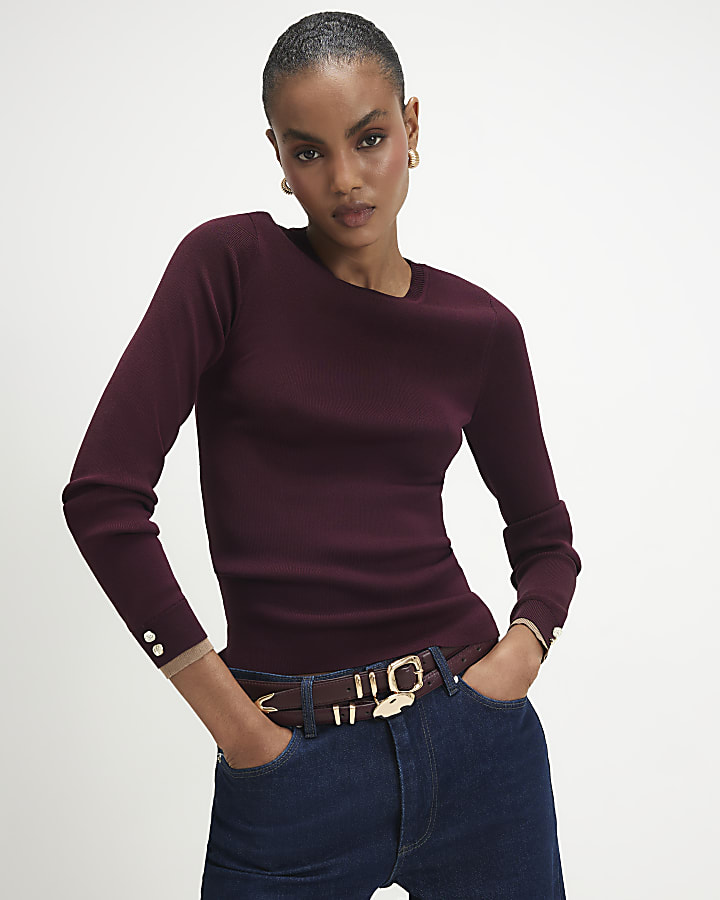 Red Rib Knit Layered Trim Top