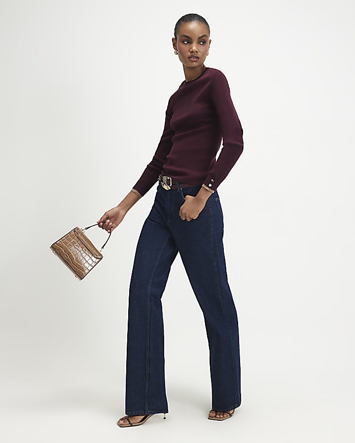 Red Rib Knit Layered Trim Top