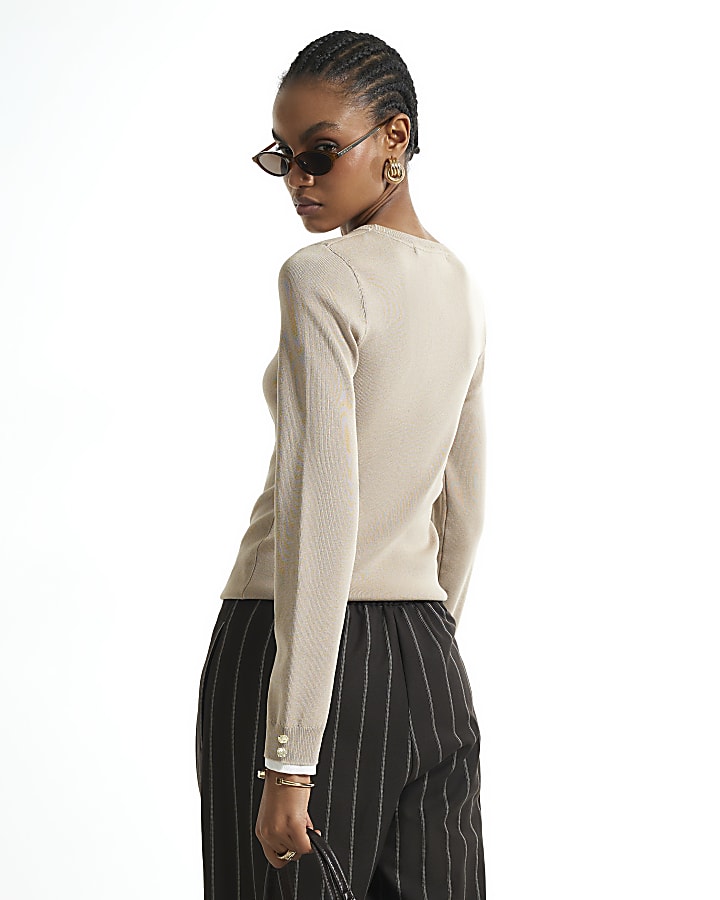Beige Knit Layered Trim Top