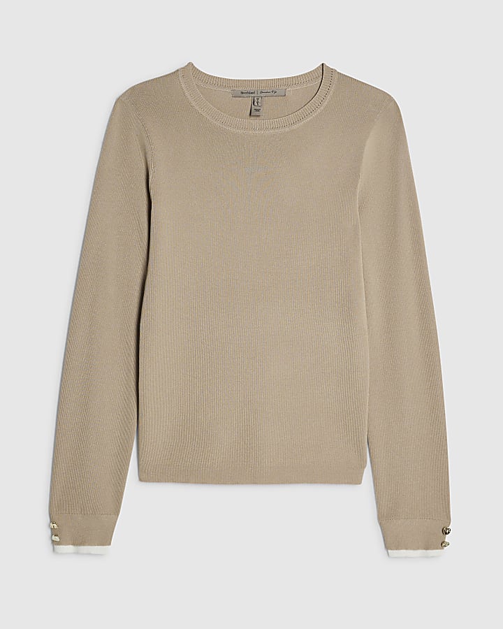 Beige Knit Layered Trim Top