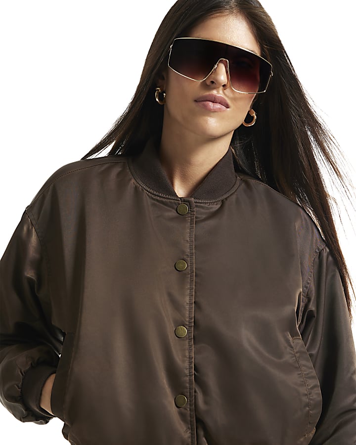 Brown Washed Satin Bomber Jacket