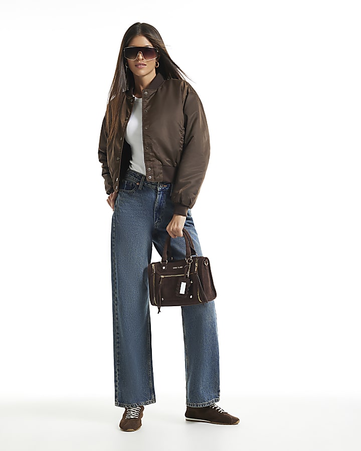 Brown Washed Satin Bomber Jacket