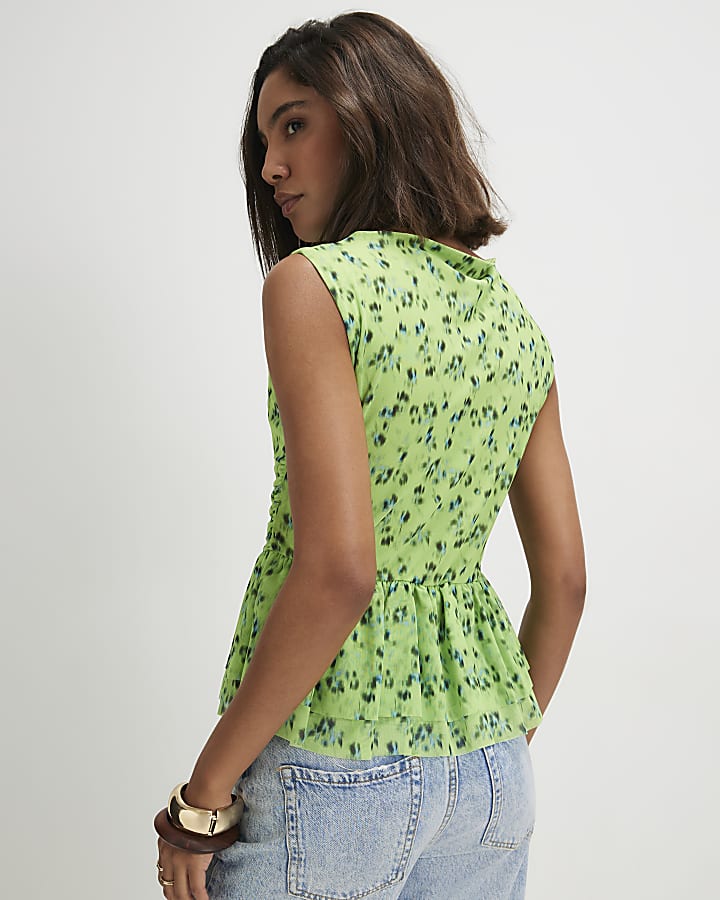 Green Sleeveless Ditsy Print Floral Top