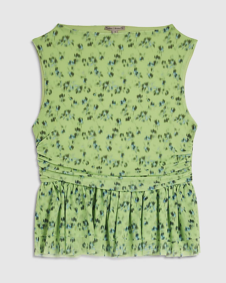 Green Sleeveless Ditsy Print Floral Top