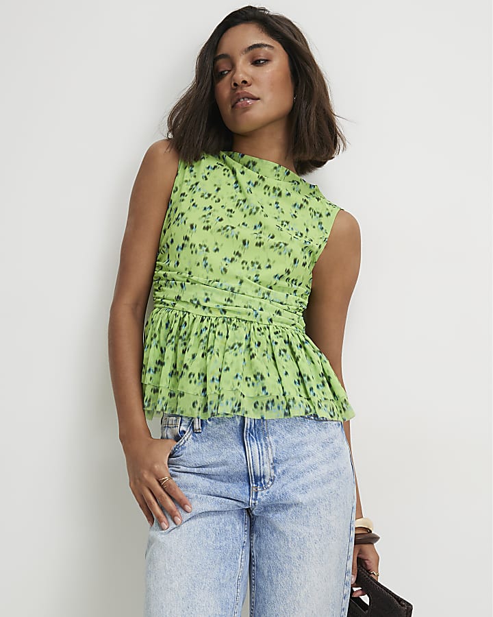 Green Sleeveless Ditsy Print Floral Top