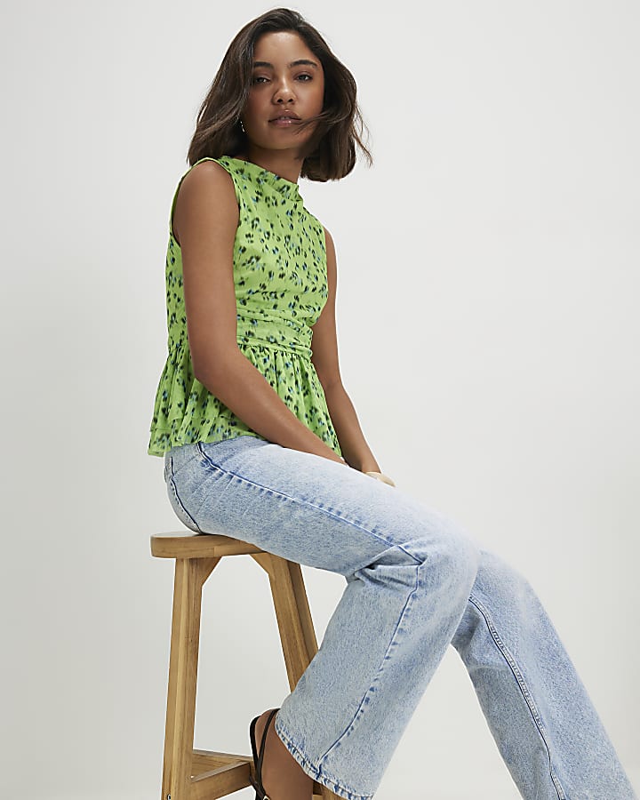 Green Sleeveless Ditsy Print Floral Top