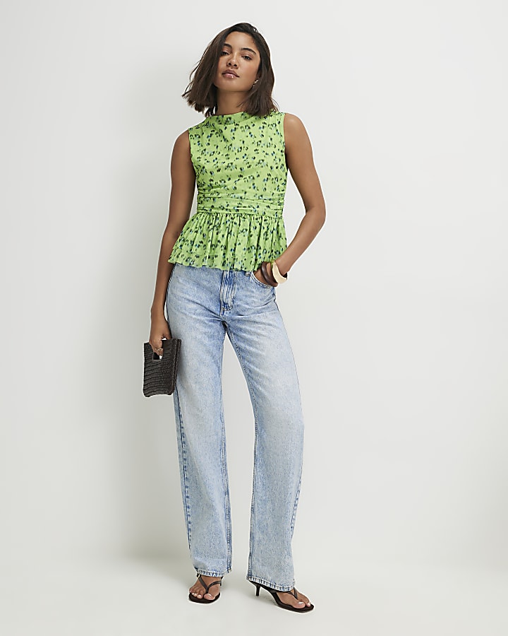 Green Sleeveless Ditsy Print Floral Top
