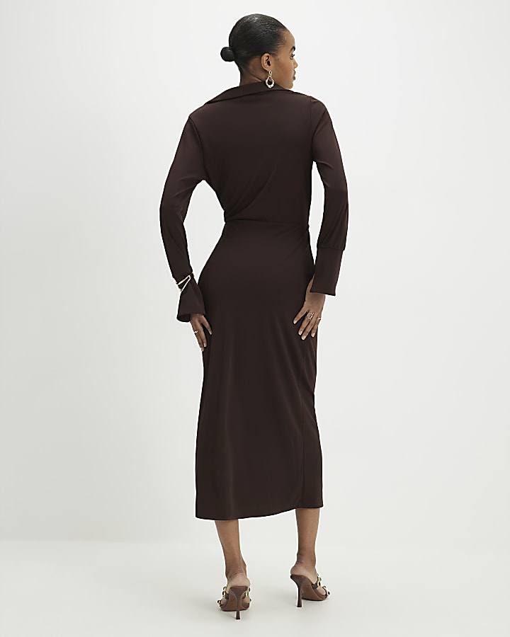 Brown Collared Cowl Neck Midi Dress