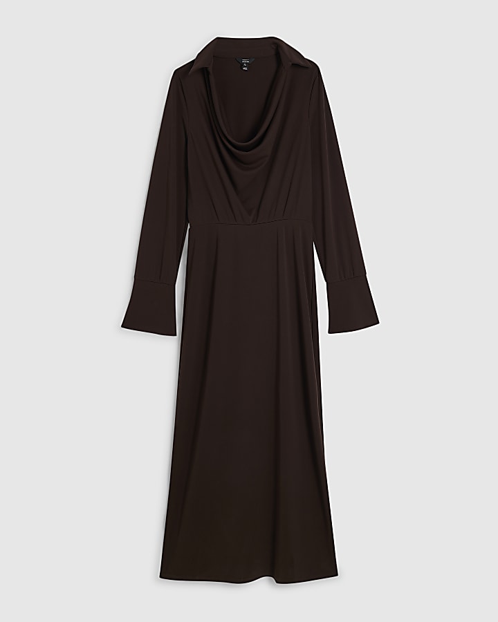 Brown Collared Cowl Neck Midi Dress