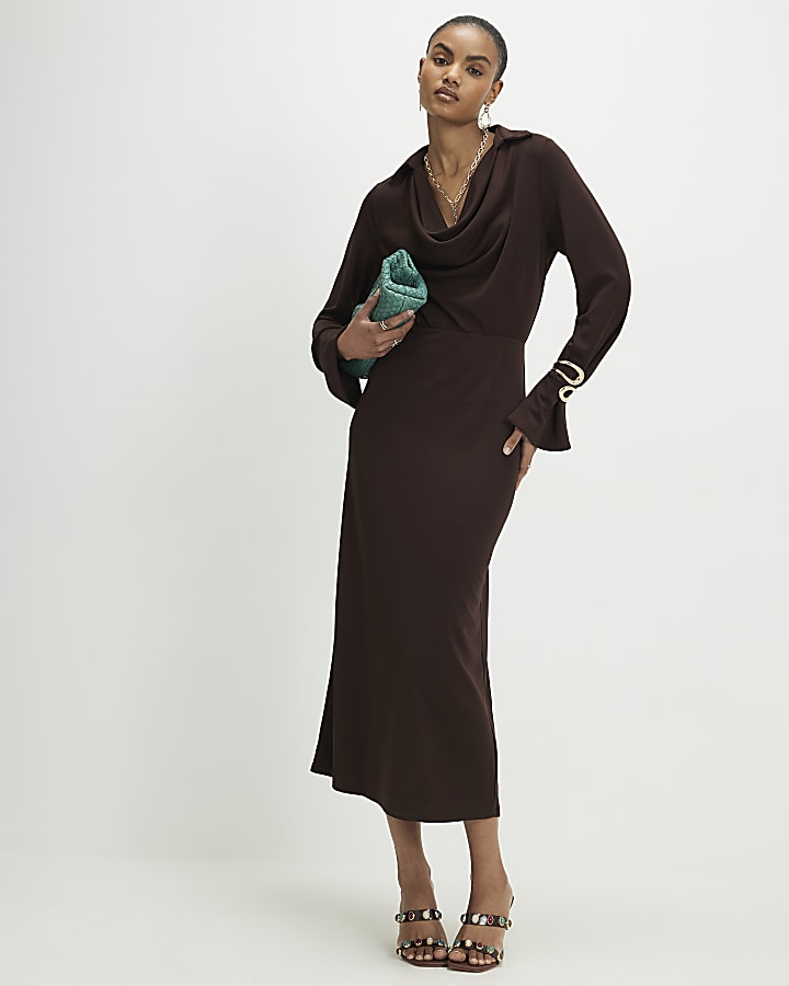 Brown Collared Cowl Neck Midi Dress