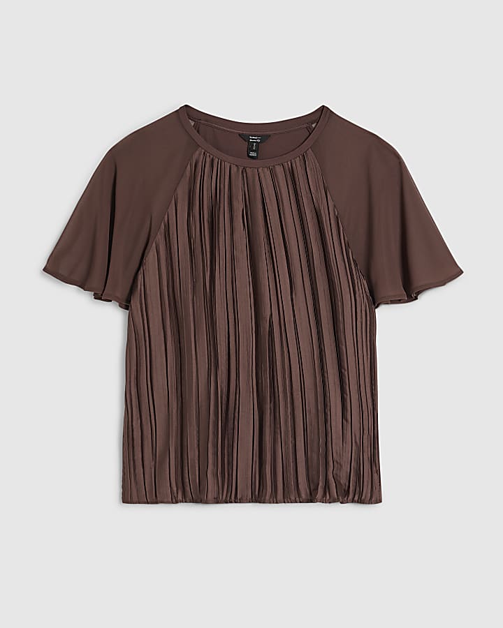 Brown Pleated Hybrid Short Sleeve T-Shirt